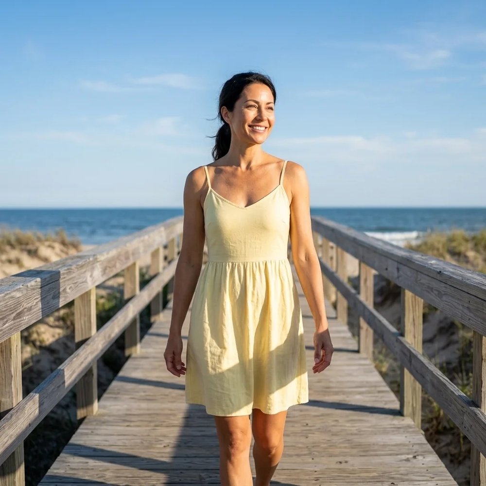 Woman in a yellow dress walking on a beach boardwalk