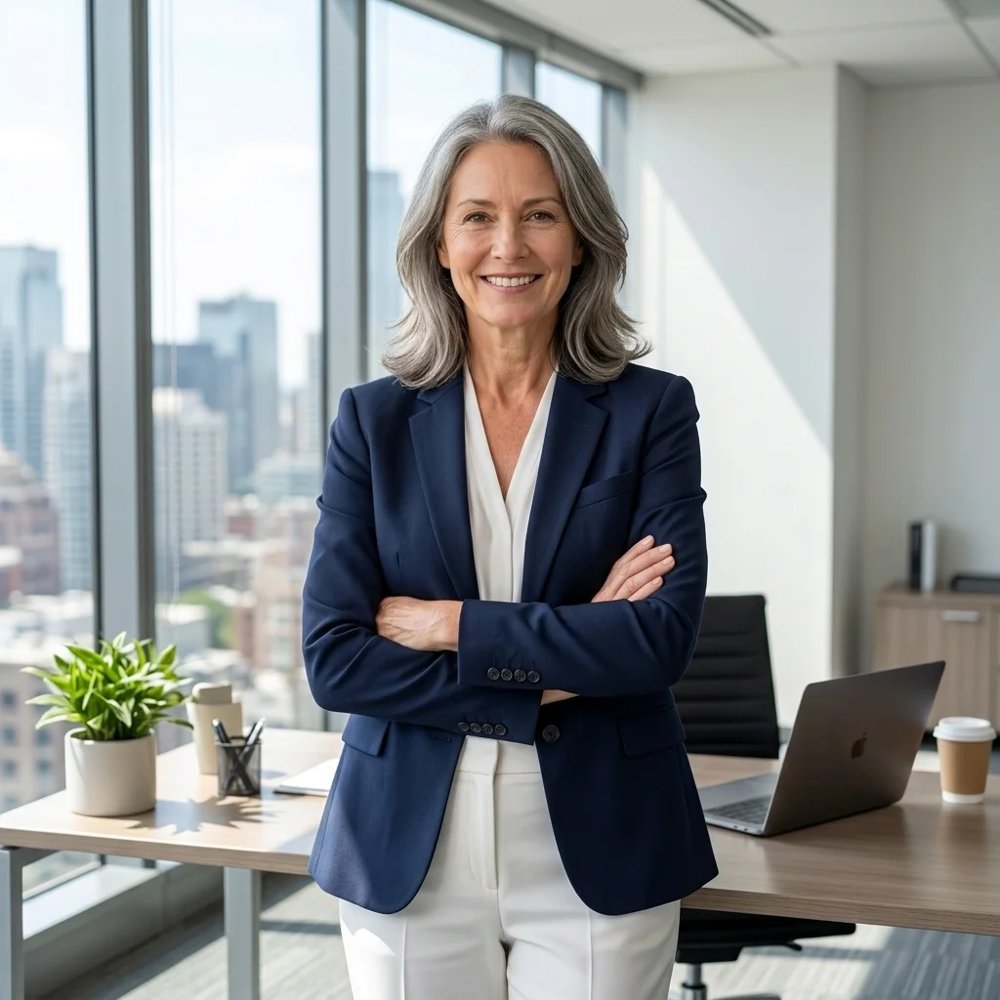 Smiling woman in a navy blazer standing by an office window