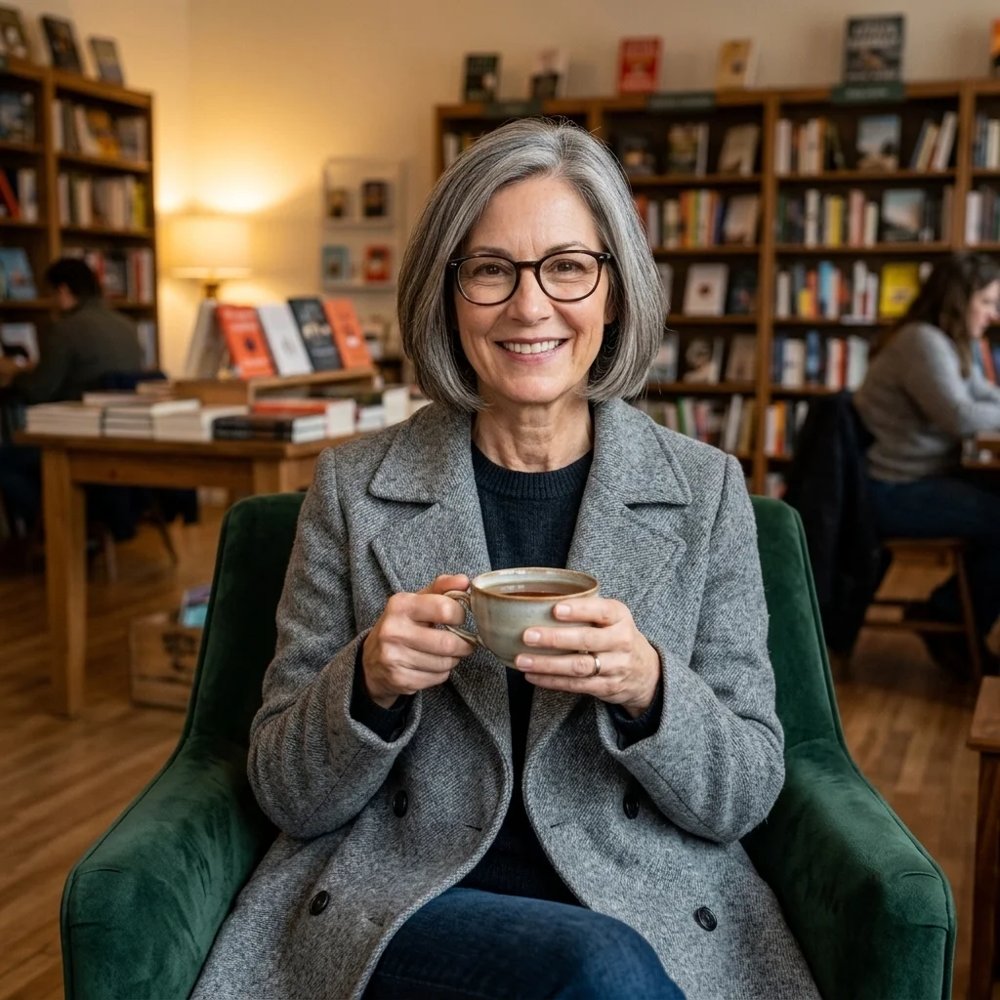 Woman with glasses holding a mug in a cozy reading nook